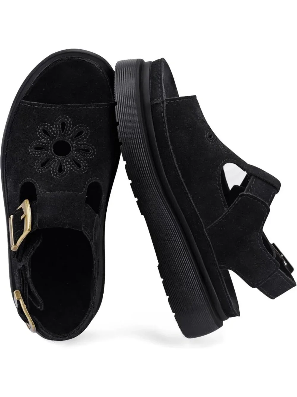 Women's Black Suede Open Toe Flower Decoration Fisherman Platform Sandal Shoes